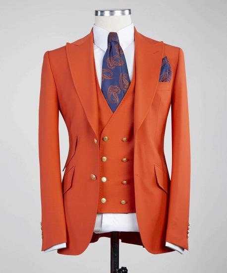 Fashion Orange Peaked Lapel Three Pieces Men Suits_5