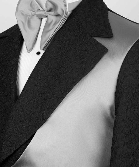 Slim New Arrival Black Notched Lapel Jacquard Two Pieces Prom Suits With White Crossover Satin Panel_3