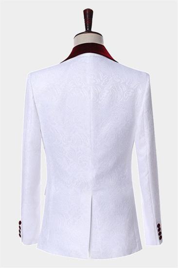 Burgundy Lapel White Jacquard Mens Suit |  Floral Tuxedo_2