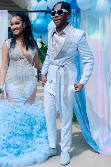 Stylish Sky Blue Shawl Lapel Two Pieces Prom Suits With Long Sash