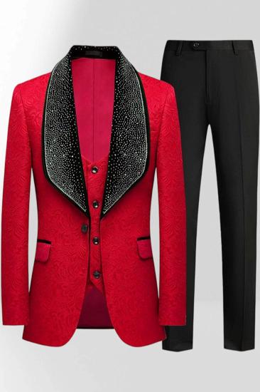Men's Red 3-Piece Jacquard Suit with Rhinestone Shawl Lapel & Prom Tuxedo_1