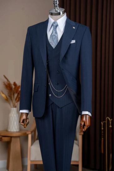 Navy Blue Pinstripe Three Piece Suit Men Custom Tailored Business Wedding Formal Vest Blazer Pants Set_1