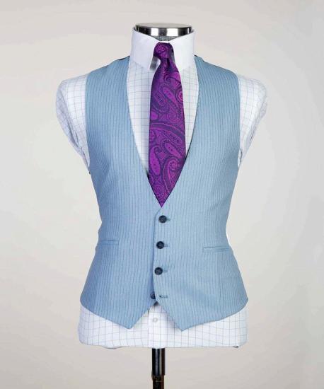 Sky Blue Striped Pointed Lapel Three Piece Men's Business Suit_3