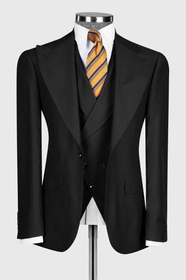 Elegant Black Slim Fit Men's Three Piece Wedding Suit with Wide Pointed Collar_1