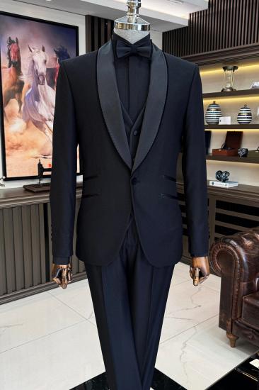 Elegant Italian Black Wool Blend Slim Fit Hidden Pocket Shawl Collar Groom Suit | Two Or Three Piece Set_2