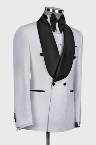 White Double Breasted Flap Wool Blend Shawl Collar Men Wedding Suit_2