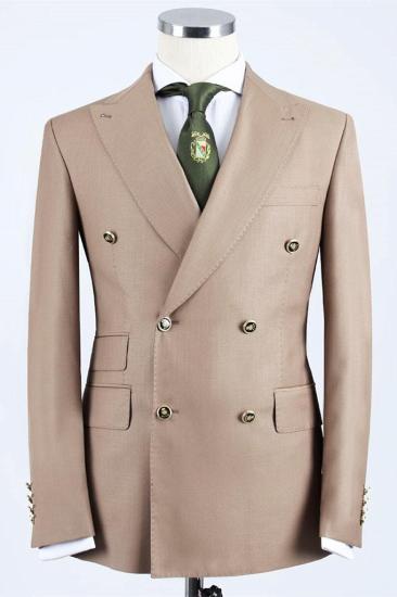 Khaki Double Breasted Point Collar Men's Business Suit_1
