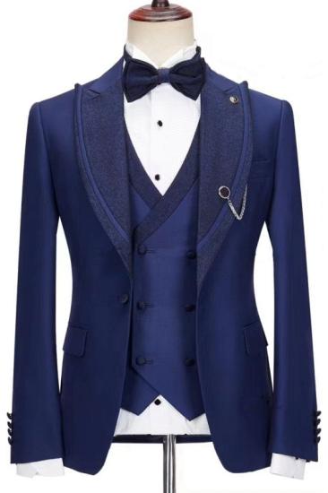 Fashion Dark Blue Peakd Lapel Three Pieces Prom Suits | Dark Blue Prom Suits