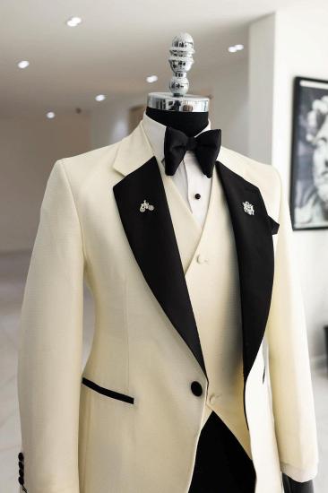 Cream White 3 Piece Tuxedo Black Lapel | Men's Wedding Groom Suit_2
