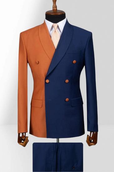 Orange And Navy Blue Double Breasted Shawl Collar Slim Mens Two Piece Suit_1