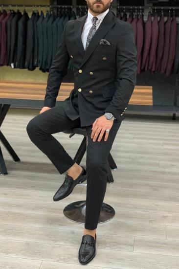 Black Slim Fit Wool Blend Men Double Breasted Two Piece Suit | Metal Buttons With Silk Lining_2
