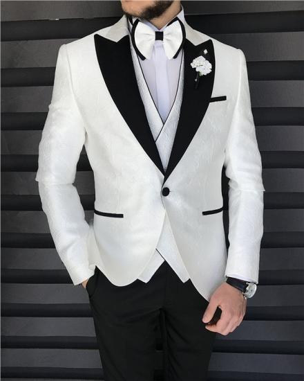 White Lapel Collar Jacquard Mens Three Piece Suit Groom Suit_4