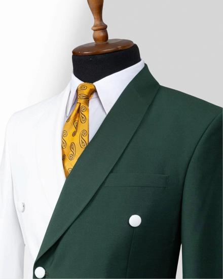 White And Green Double Breasted Shawl Collar Slim Mens Two Piece Suit_2