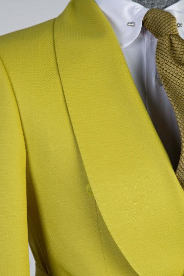 Autumn Leaf Yellow Double Breasted Slim Shawl Collar Men  Two Piece Tuxedo | With Belt_4