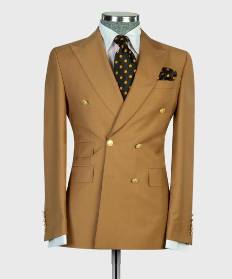 Light brown double-breasted pointed collar business men's suit_4