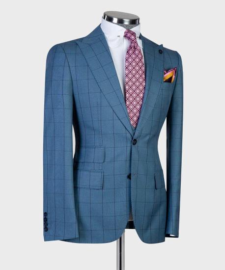 Fashion Blue Plaid Slim Fit Peaked Lapel Three Pieces Men Suits_3