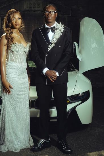 Joshua Special Black Double Breasted Two Pieces Prom Suits With Flowers_2