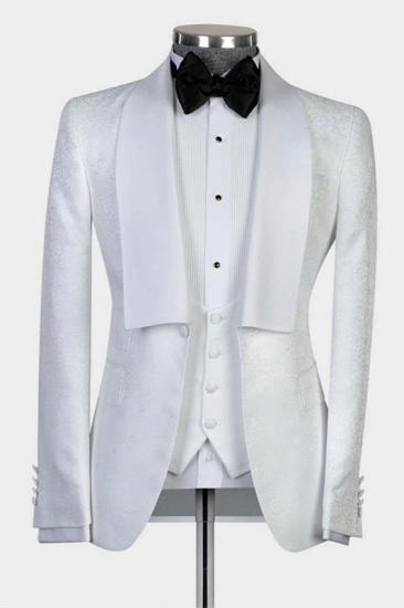White Shawl Lapel Three Pieces Jacquard Men Suits For Wedding_1
