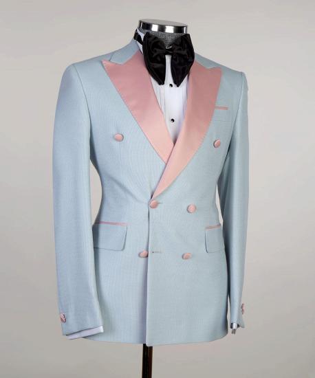 Shiny Sky Blue Double Breasted Men Suit With Pink Point Collar_2