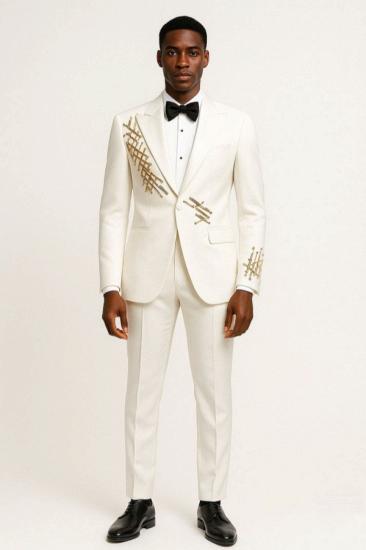 Men's Off-White Peaked Lapel Prom Suit with Gold Embroidery, Bespoke Knight Tuxedo for Weddings & Formal Events