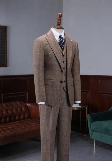 Stylish Notch Lapel Khaki Wool Plaid Three Piece Men's Business Suit_2