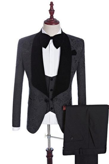 Xander Men Black Jacquard Three Piece Shawl Lapel Wedding Suit_1