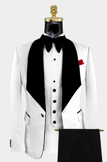 Dillon White Three Piece Fashion Jacquard Shawl Lapel Wedding Suit Set_5