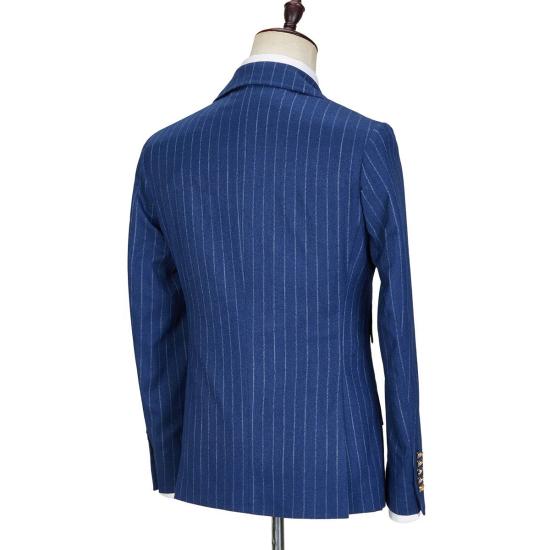Medium Blue Peaked Lapel Collar Gold Button Double Breasted Striped Men Two Piece Suit_2