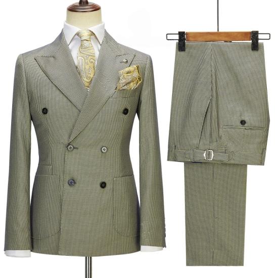Brady Sage Plaid Peaked Lapel Double Breasted Two Pieces Prom Suits_2