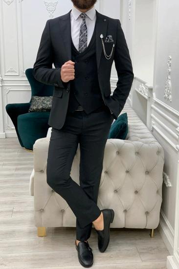 Brady Black Mens Peak Collar Three Piece Slim Fit Wedding Suit_1