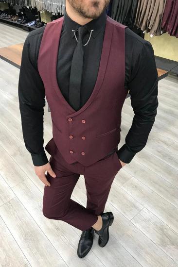 Burgundy Slim Fit Wool Blended Buttoned Men's Three Piece Prom Suit_2