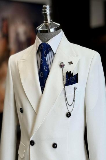 Brady White Double Breasted Peak Collar Slim Fit Men Two Piece Wedding Tuxedo_2