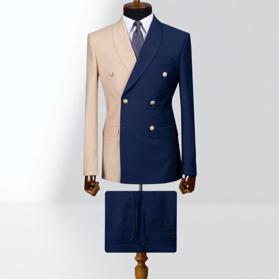 Champagne And Navy Blue Double Breasted Shawl Collar Slim Mens Two Piece Suit_3