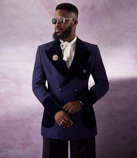 Brady Navy Jacquard Two Piece Prom Suits With Black Velvet Peaked Lapel_2