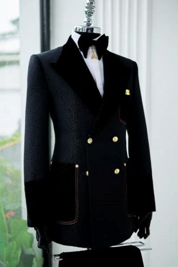 Matt Classical Black Textured Double Breasted Tuxedo Velvet Grid Lapel Gold Button Stitched Pocket Custom Formal Suit Set_2