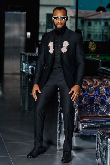 Black Tuxedo Suit with 3D Floral Embroidery for Men Party Wedding_1