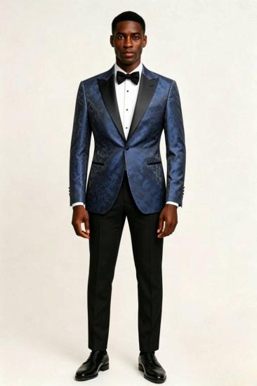 Dark Blue Jacquard Peak Lapel Men Tuxedo Jacket Slim Fit Formal Blazer