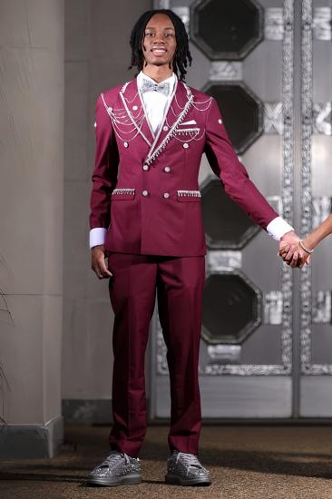 Kitt Special Slim Burgundy Peaked Lapel Double Breasted Two Pieces Prom Suits With Tassel_1