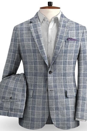 Mens Silver Grey Summer Beach Groom Suit |  Two-Piece Check Linen Mens Tuxedo_2