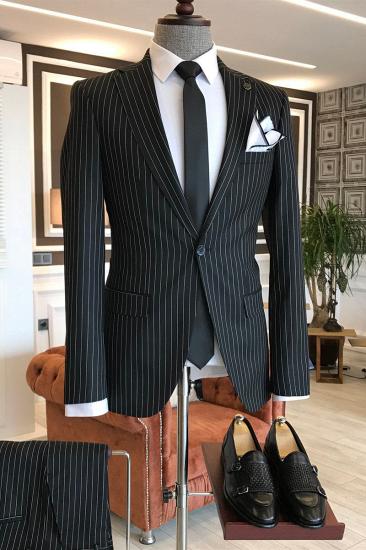 Reg Regular Black Striped Serrated Lapel Men Suit Jacket_1