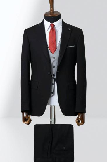 Black Single Breasted Groom Three Piece Wedding Suit With Grey Vest_1