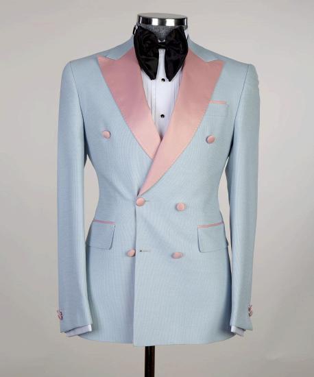 Shiny Sky Blue Double Breasted Men Suit With Pink Point Collar_3