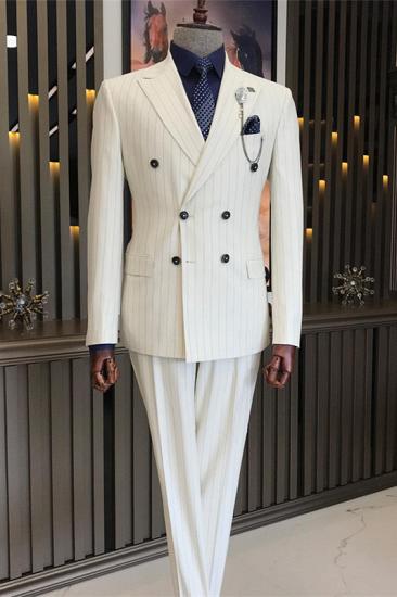 White Peak Lapel Double Breasted Striped Men Prom Two Piece Suits_1