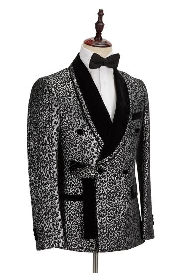 Black Stitching Silver Leopard Jacquard Mens Suit | Shawl Lapel Double Breasted Wedding Suit for Formal with Shirt_5