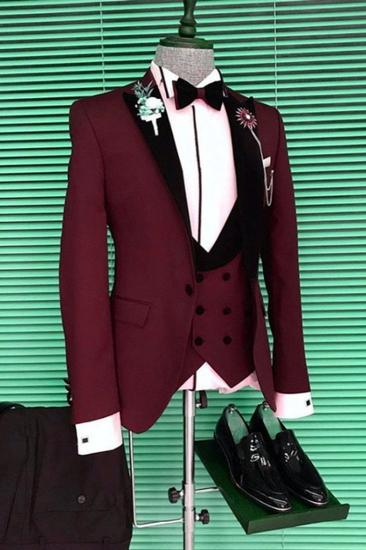 Devon Slim Fit Burgundy Three Piece Mens Suit with Black Point Lapel_2