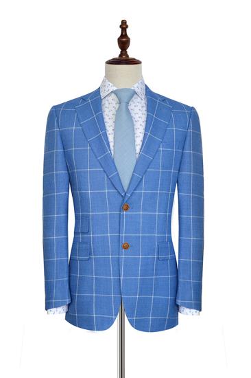 Modern Notch Lapel Two Button Blue Mens Suit |  Three Flap Pocket Check Casual Set