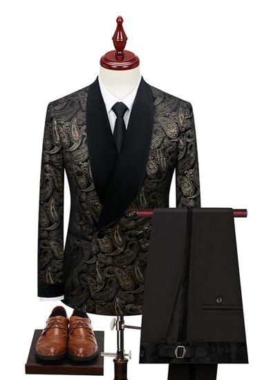 Brown Mens Jacquard Shawl Collar Velvet Two Piece Suit | Banquet Prom Suits