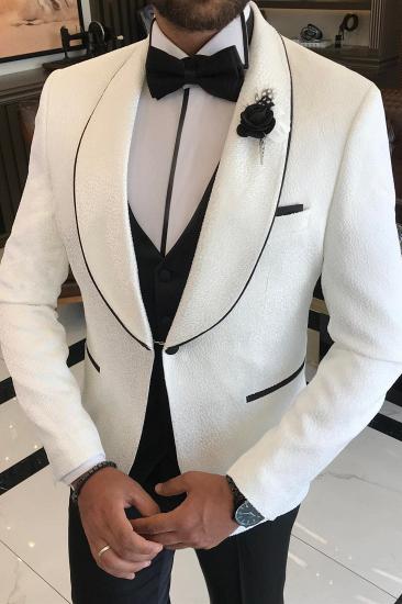 Men White Textured Shawl Lapel Tuxedo 3 Piece Set Black Trim Wedding Suit With Vest & Pants_2