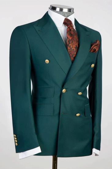 Dark Green Mens Double-Breasted Business Formal Two-Piece Suit | Flap Pockets_2