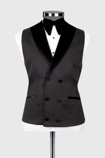 Black Jacquard Wedding Suit with Black Peak Collar Velvet Groom Three Piece Suit_4